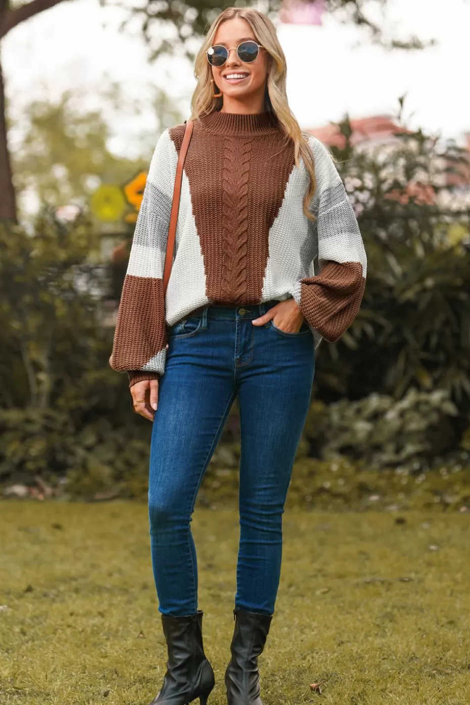 Discount Cupshe Colorblock Cable Knit Long Sleeve Turtleneck Sweater Brown