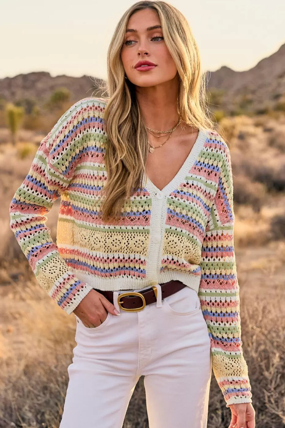Hot Cupshe Colorblock Cut-Out Button-Up Cropped Cardigan Pink