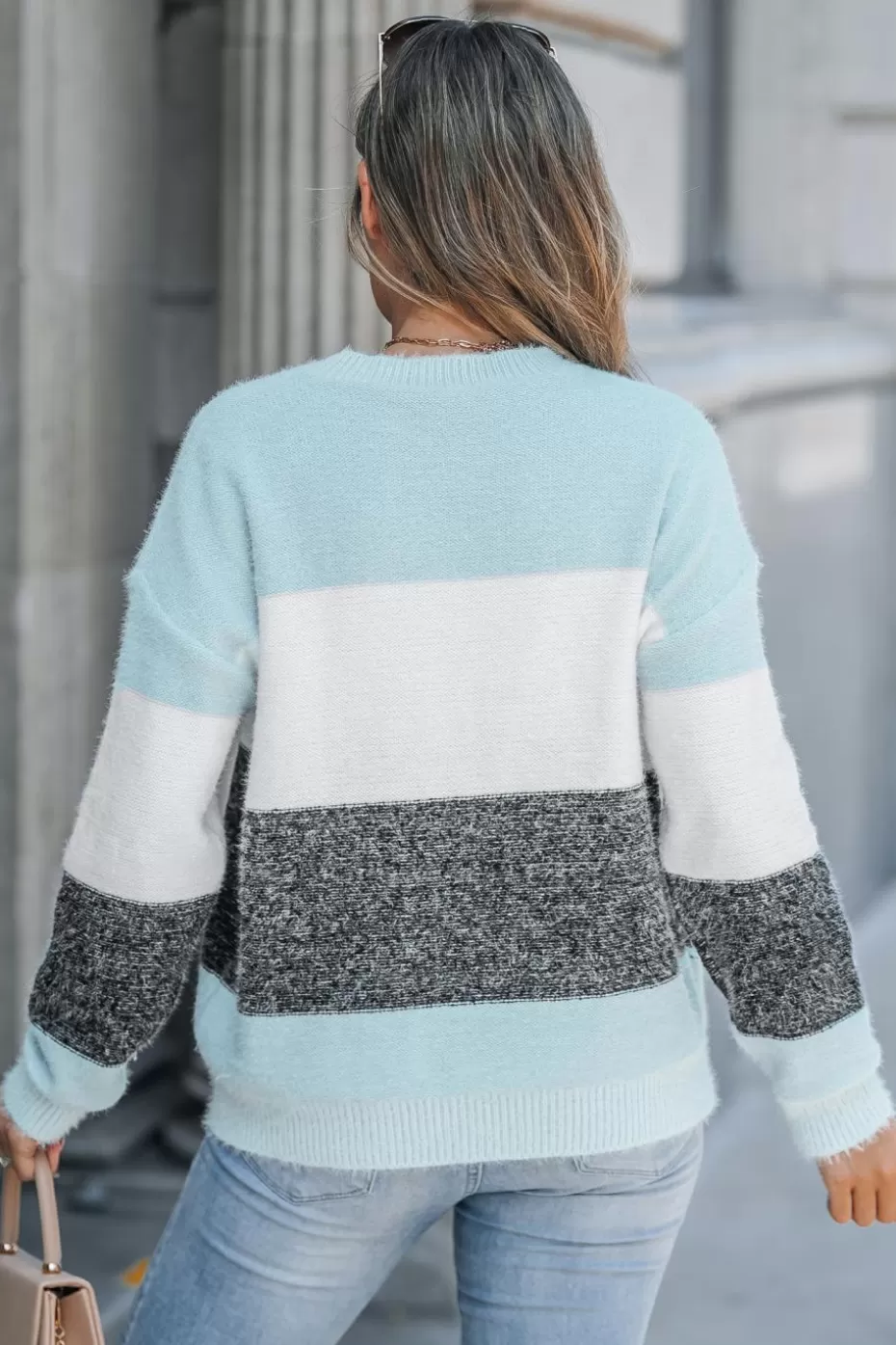 New Cupshe Colorblock Drop Shoulder Long Sleeve Round Neck Sweater Light Blue