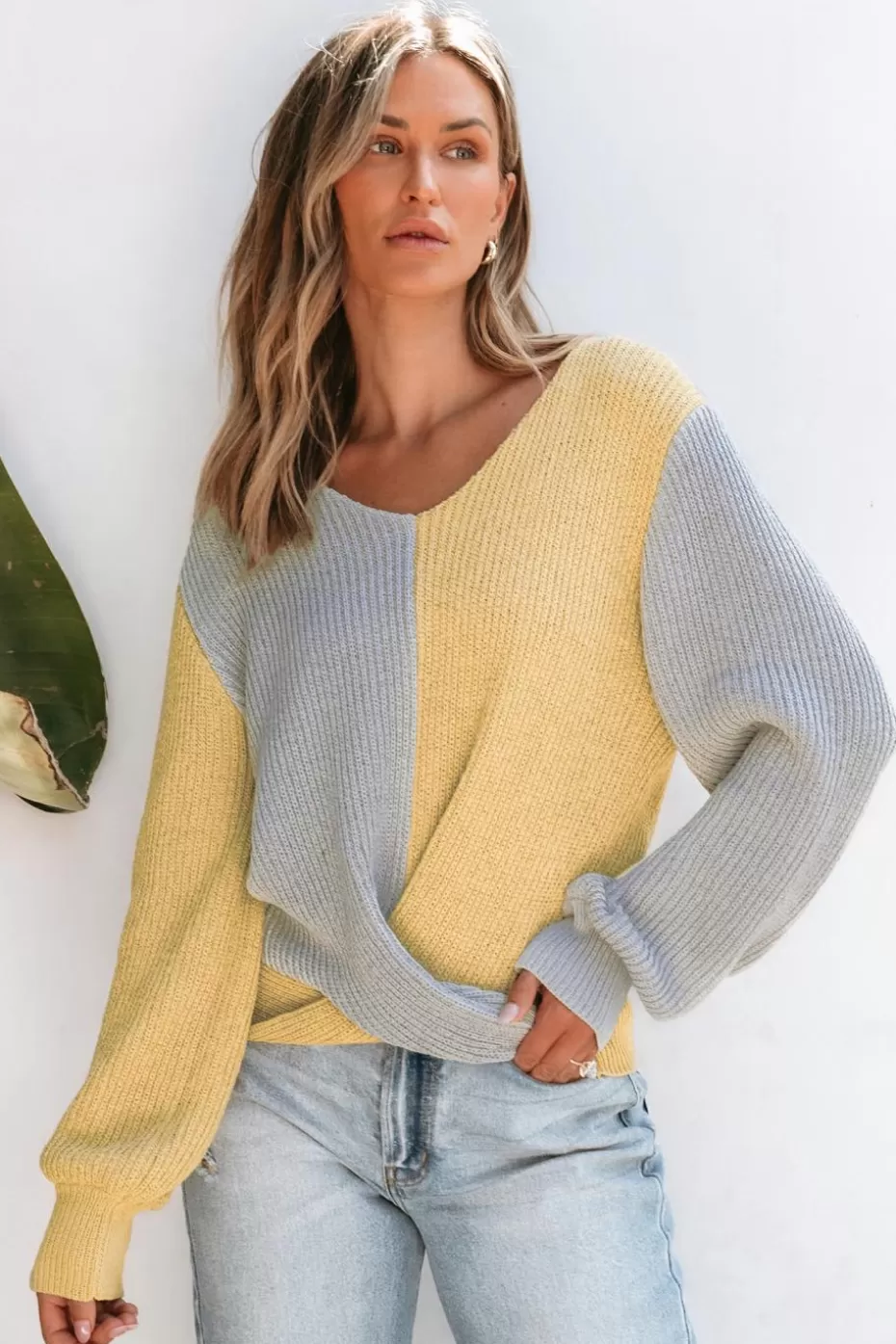 Outlet Cupshe Colorblock Long Sleeve Hem Twist Sweater Top Yellow