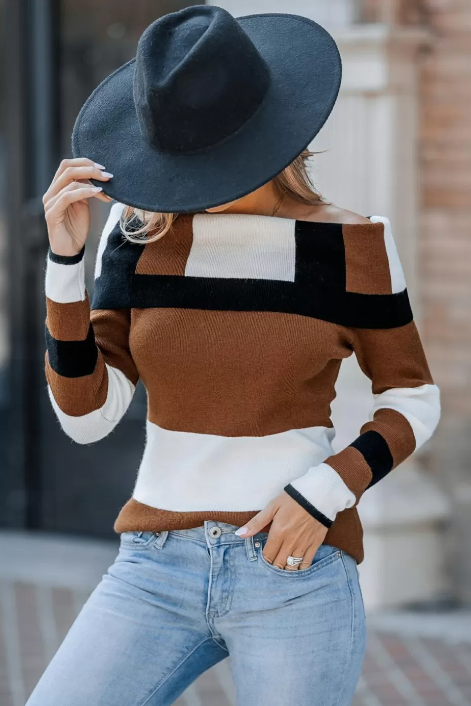 Cheap Cupshe Colorblock Off-Shoulder Long Sleeve Top Coffee/Espresso/Tobacco