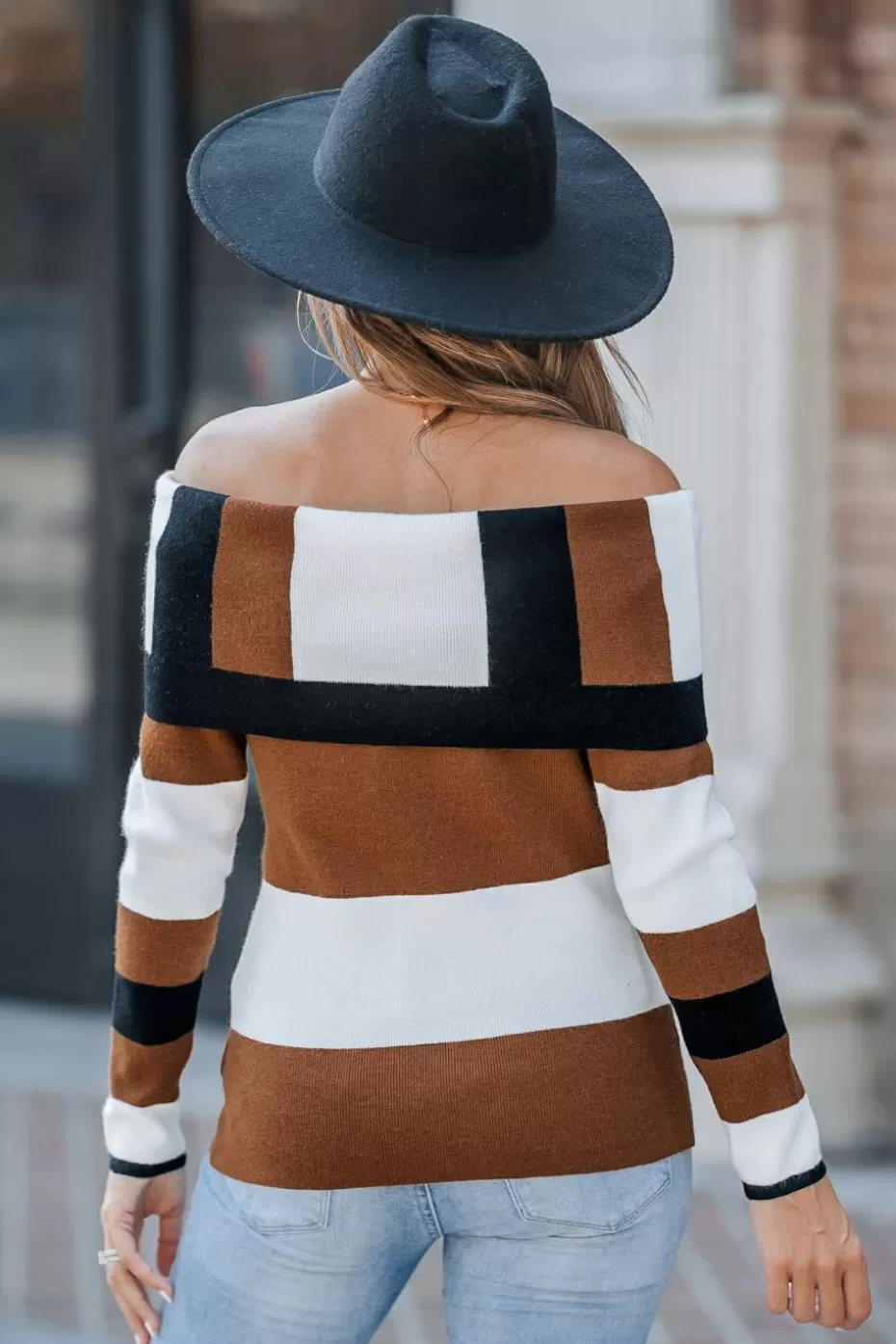 Cheap Cupshe Colorblock Off-Shoulder Long Sleeve Top Coffee/Espresso/Tobacco