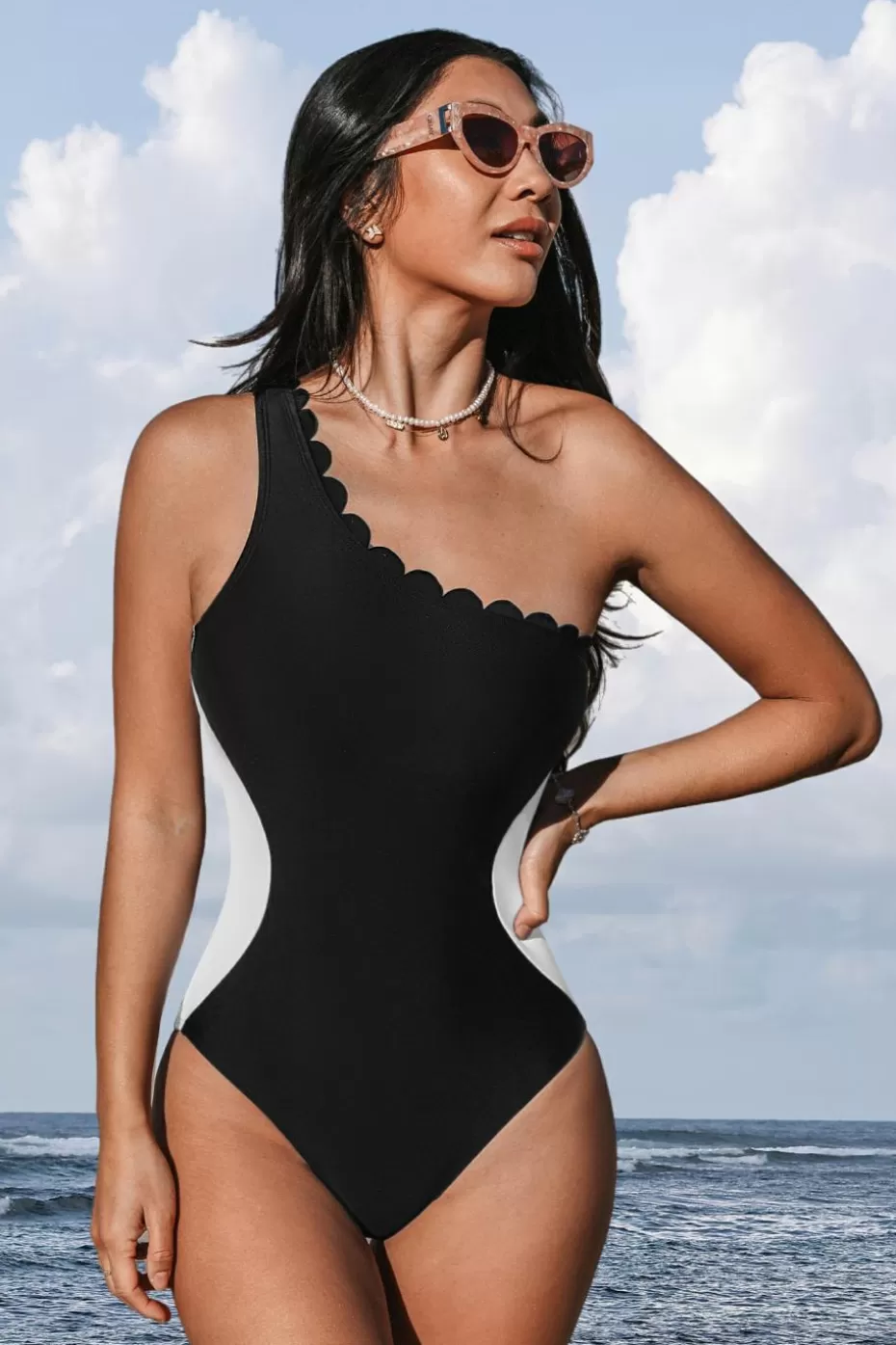 Hot Cupshe Colorblock One-Shoulder Standard One-Piece Black