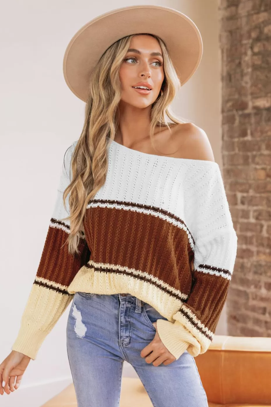 Store Cupshe Colorblock One-Shoulder Sweater White