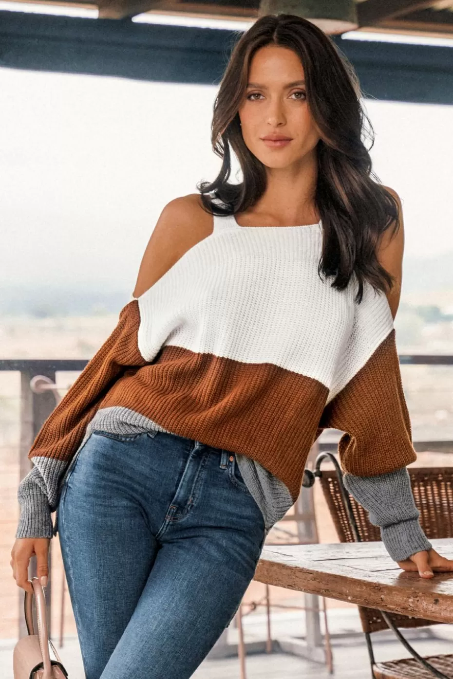 Outlet Cupshe Colorblock Open-Shoulder Sweater White