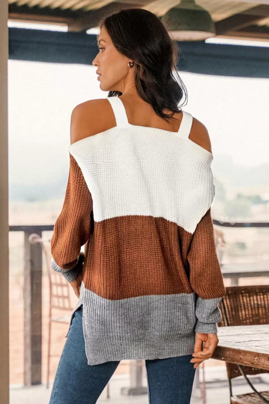 Outlet Cupshe Colorblock Open-Shoulder Sweater White