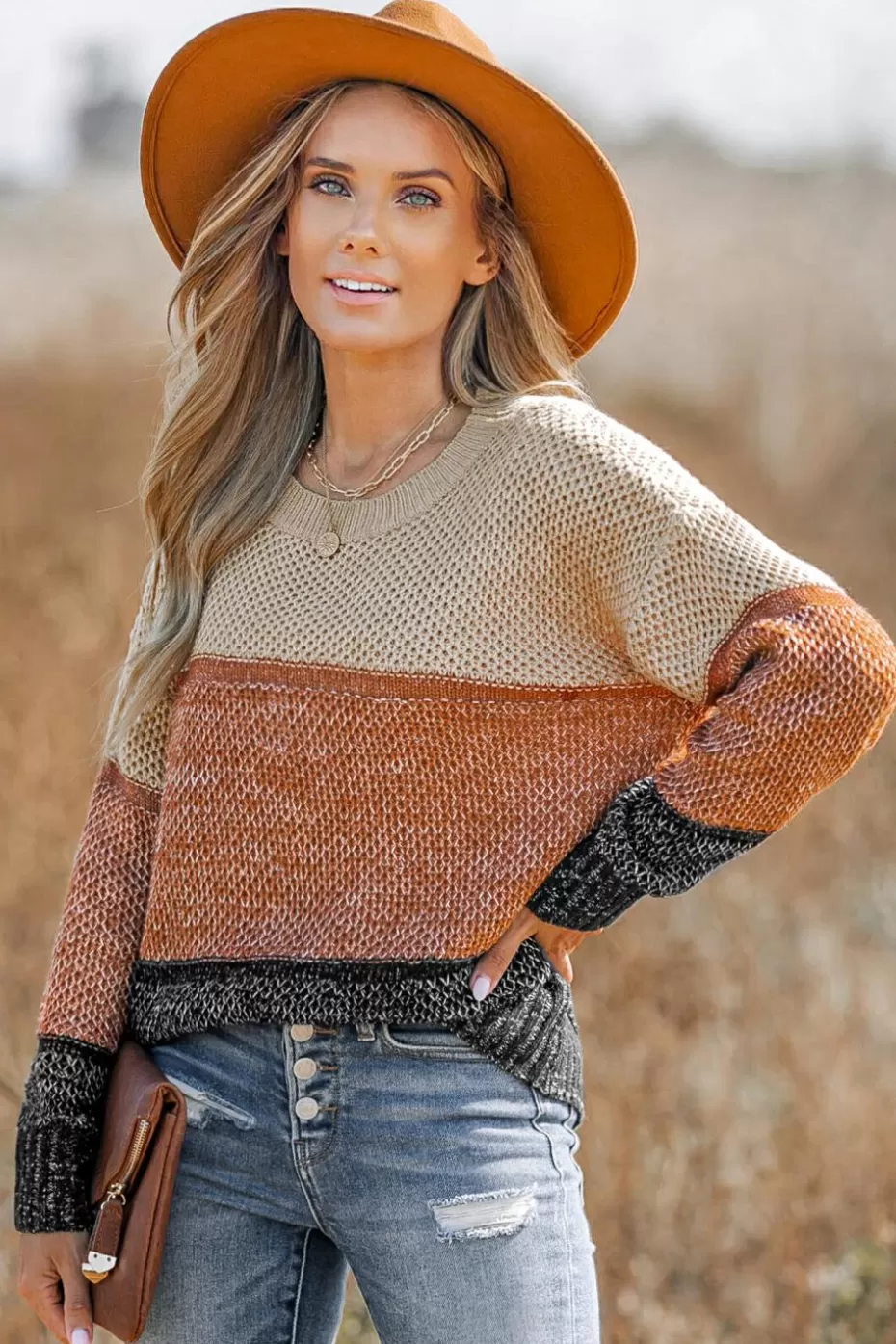 New Cupshe Colorblock Purl Knit Drop Sleeve Sweater Orange