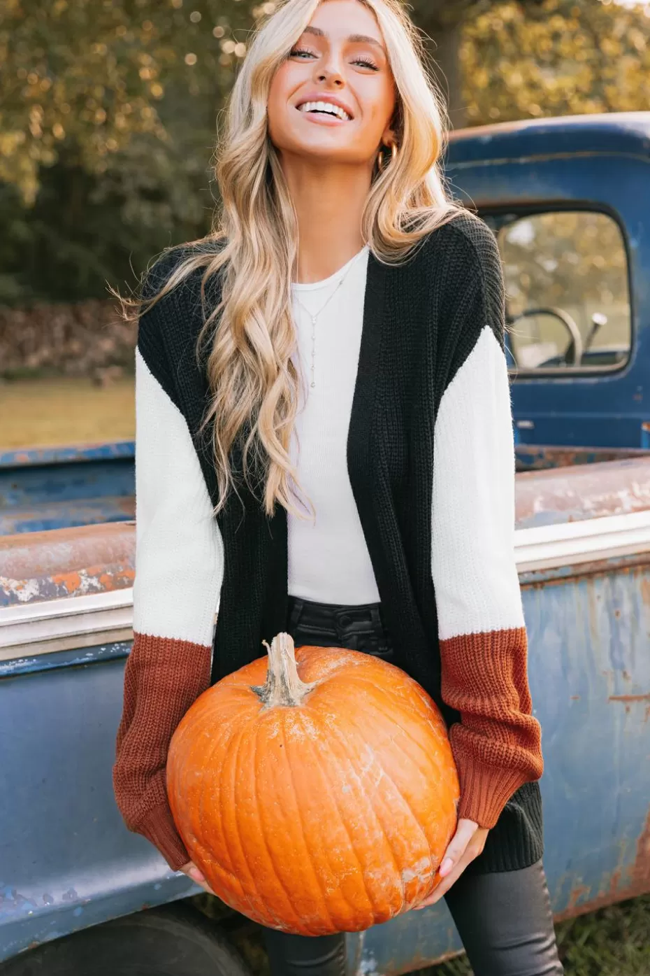 Sale Cupshe Colorblock Purl Knit Open-Front Cardigan Black