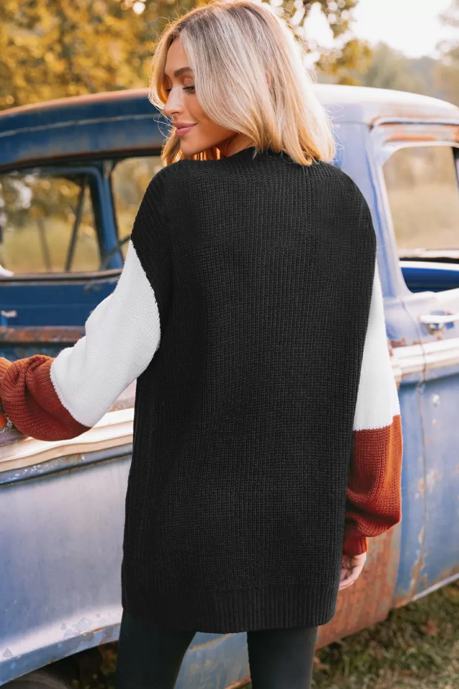 Sale Cupshe Colorblock Purl Knit Open-Front Cardigan Black