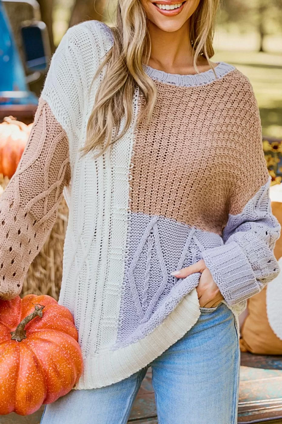 Shop Cupshe Colorblock Round Neck Drop Shoulder Sweater Khaki