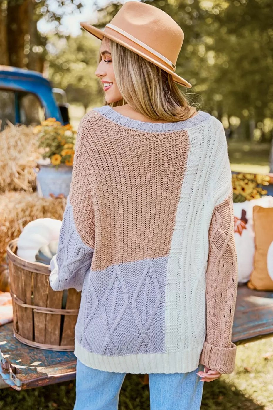 Shop Cupshe Colorblock Round Neck Drop Shoulder Sweater Khaki