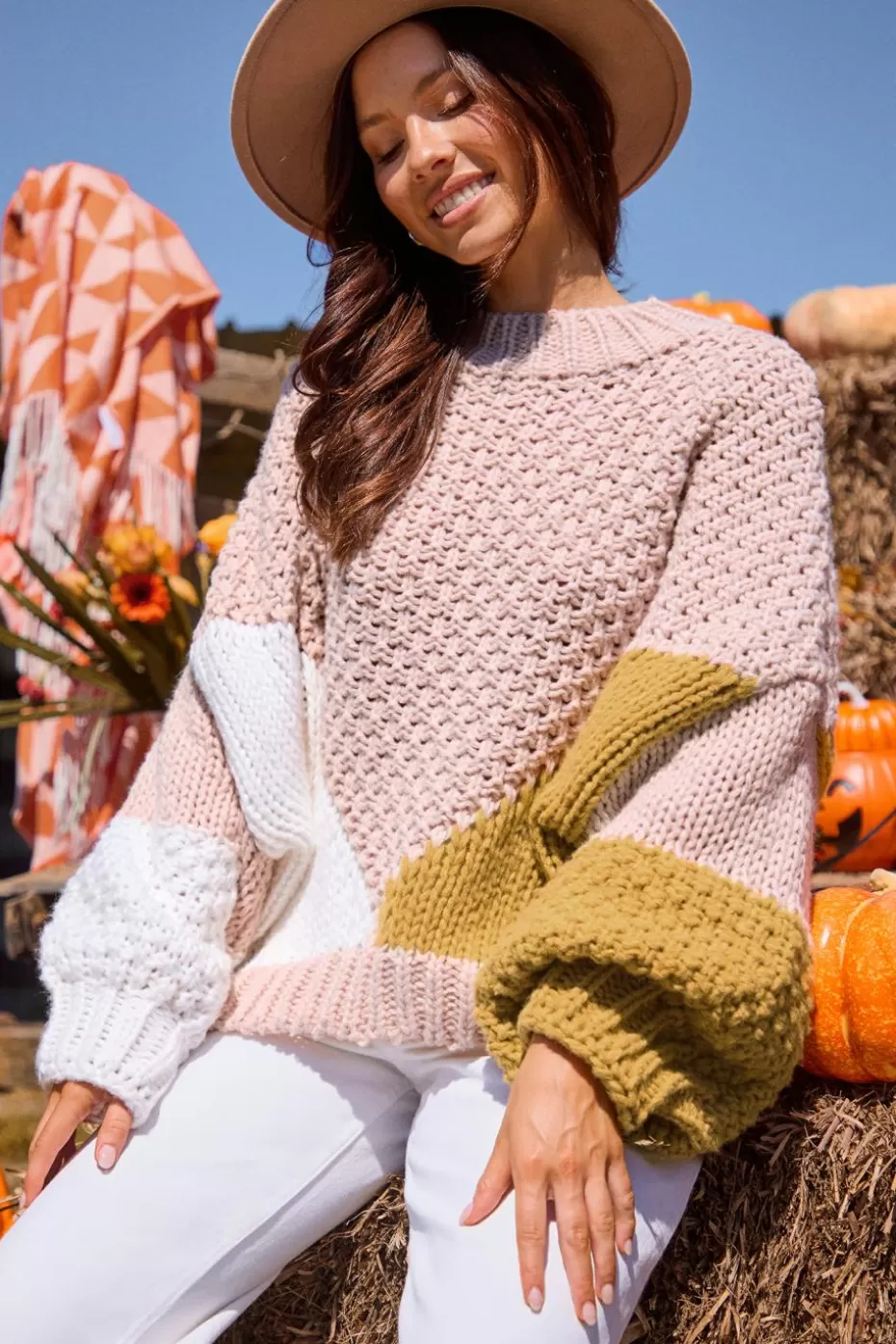 Hot Cupshe Colorblock Round Neck Long Sleeve Slouchy Sweater Neutral