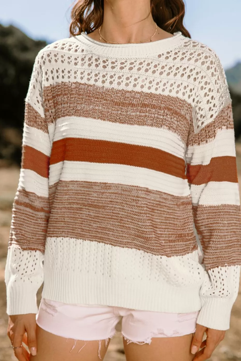 Cheap Cupshe Colorblock Round Neck Long Sleeve Sweater Orange