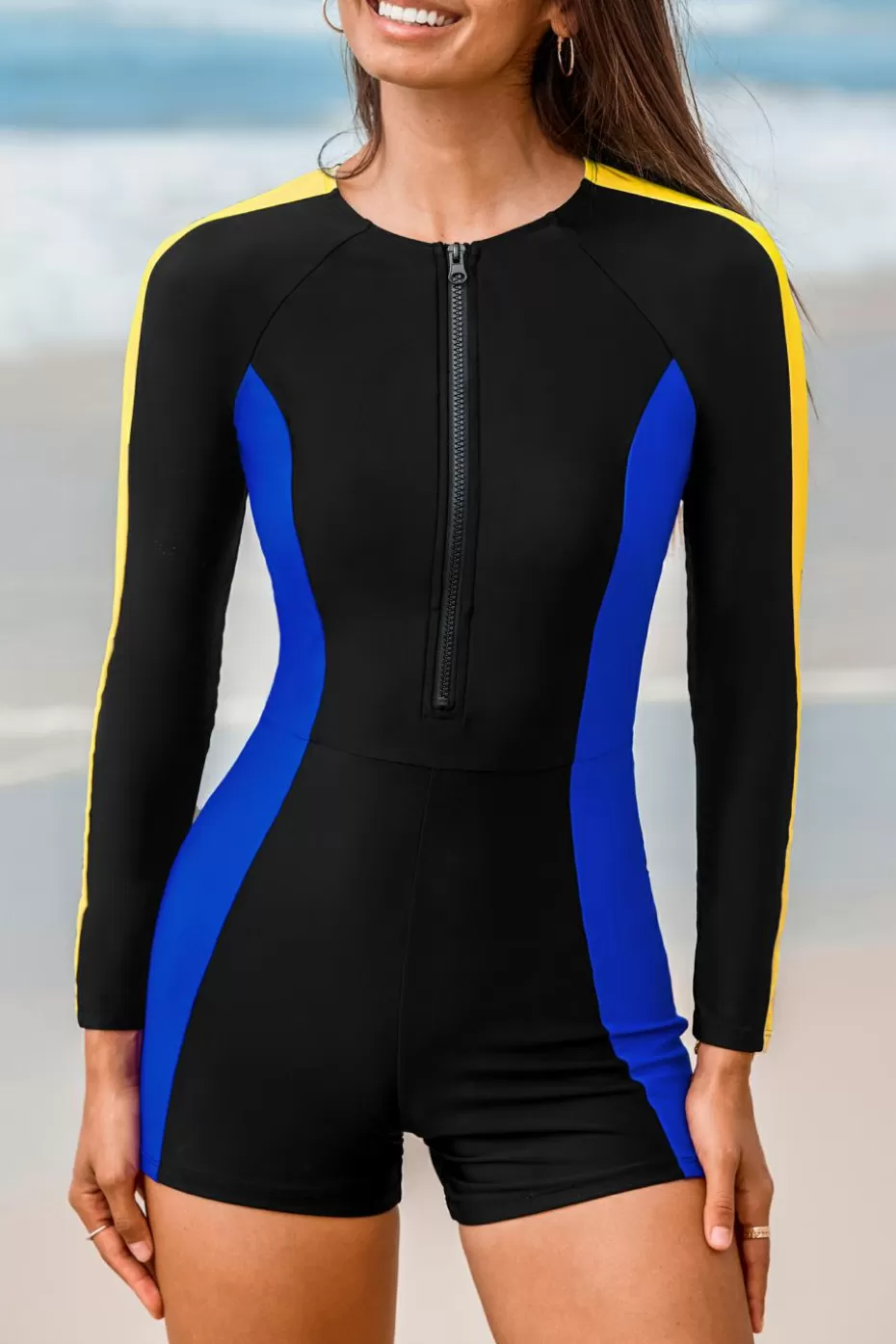 New Cupshe Colorblock Zip-Front Long Sleeve One-Piece Swimsuit Black