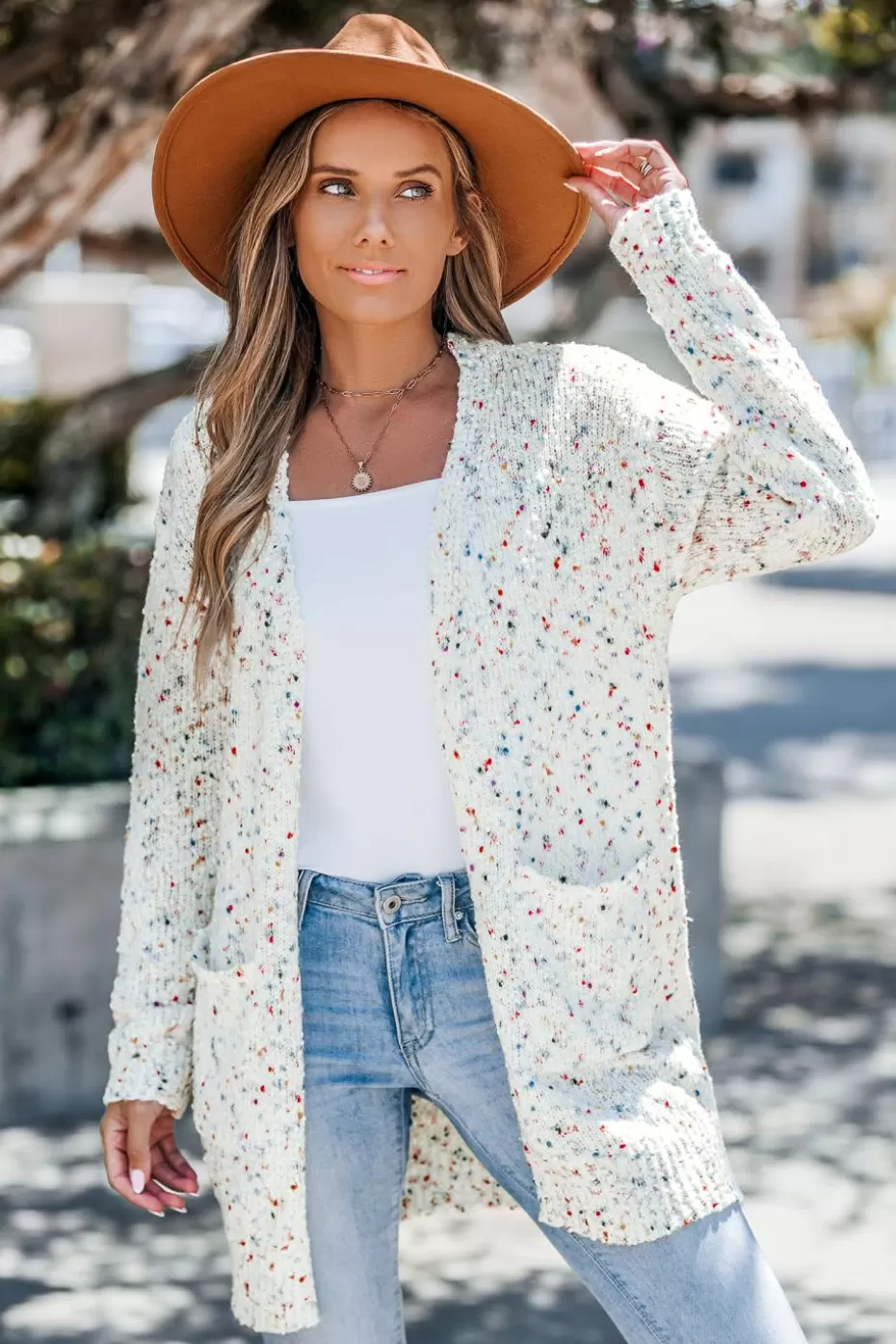 Fashion Cupshe Confetti Knit Long Sleeve Duster Cardigan White