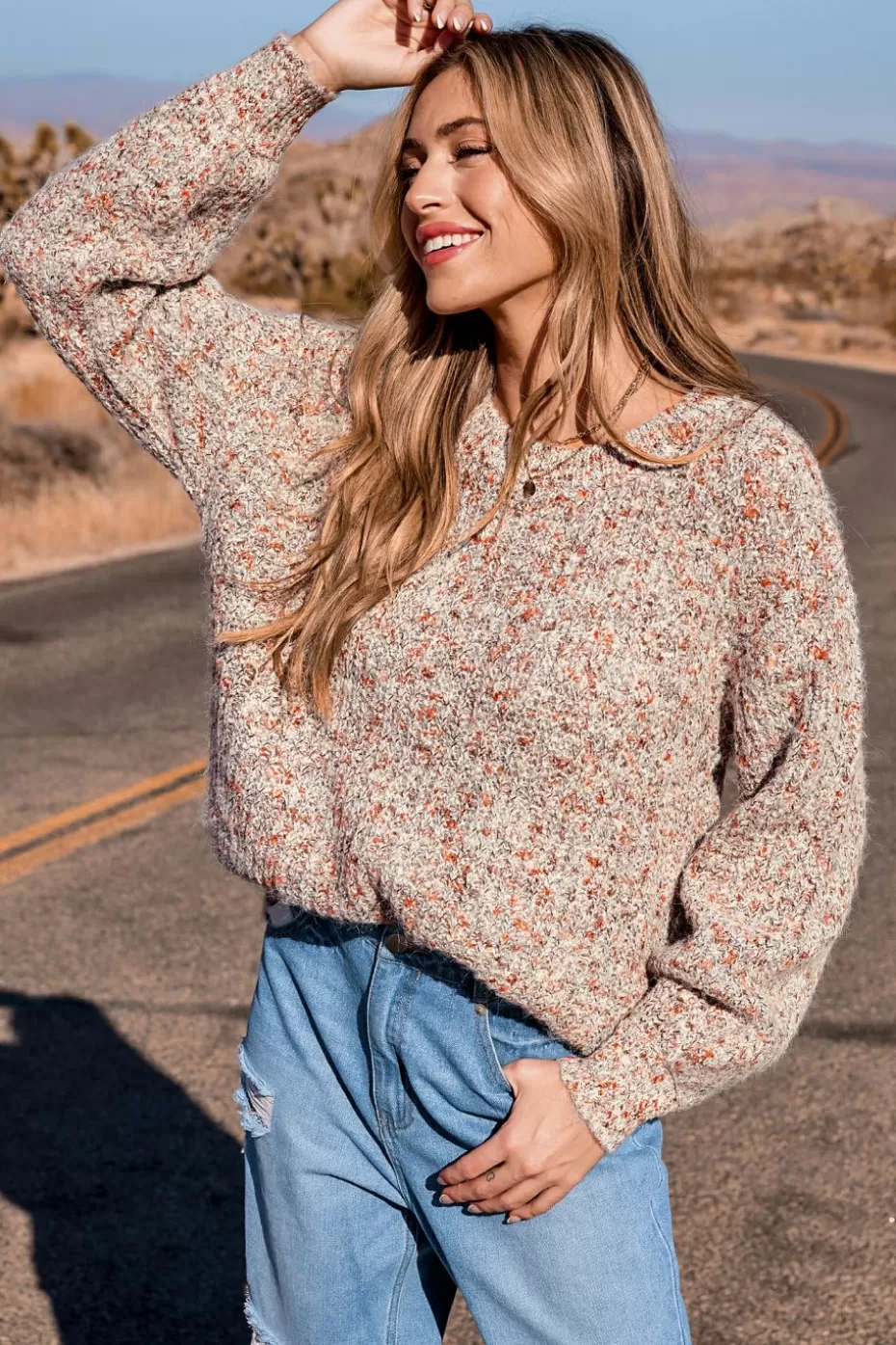 Online Cupshe Confetti Knit Round Neck Sweater Grey