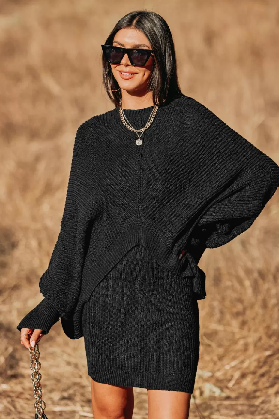 Discount Cupshe Cooler Daze Rib Oversized Split Sweater Black