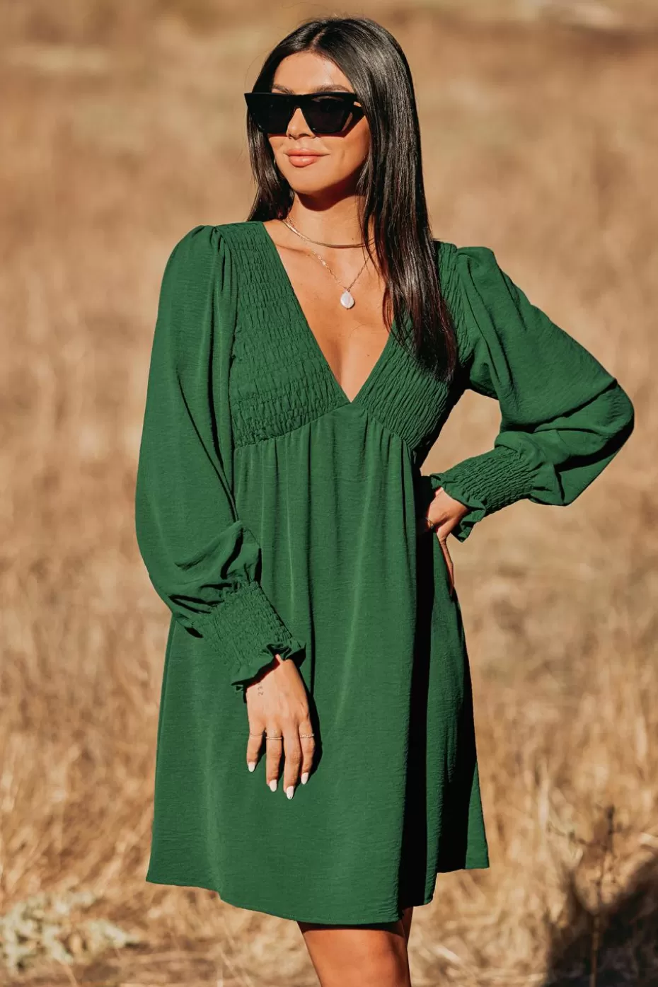 New Cupshe Cooler Daze Smocked V-Neck Dress Dark green-Dark green
