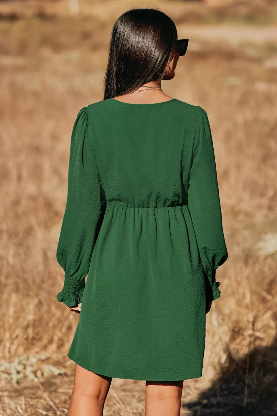 New Cupshe Cooler Daze Smocked V-Neck Dress Dark green-Dark green
