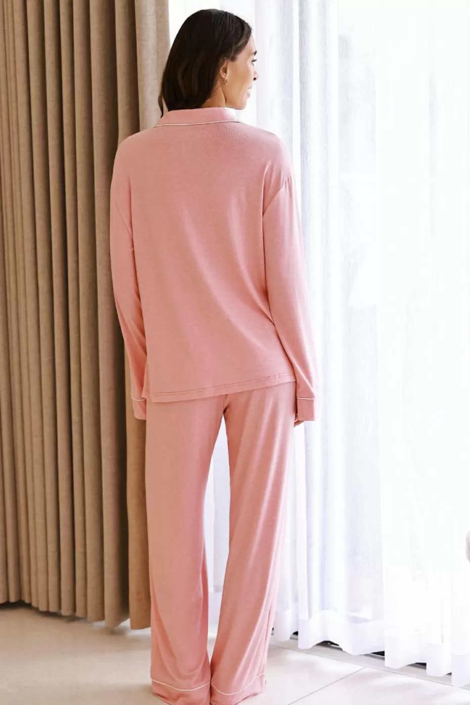 Online Cupshe Collared Long Sleeve Pajama Top & Pants Set Coral