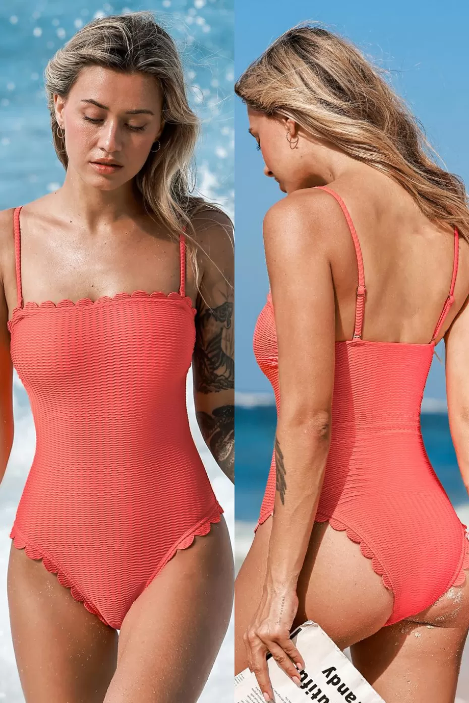 Outlet Cupshe Coral Scalloped Square Neck Convertible One Piece Swimsuit Salmon