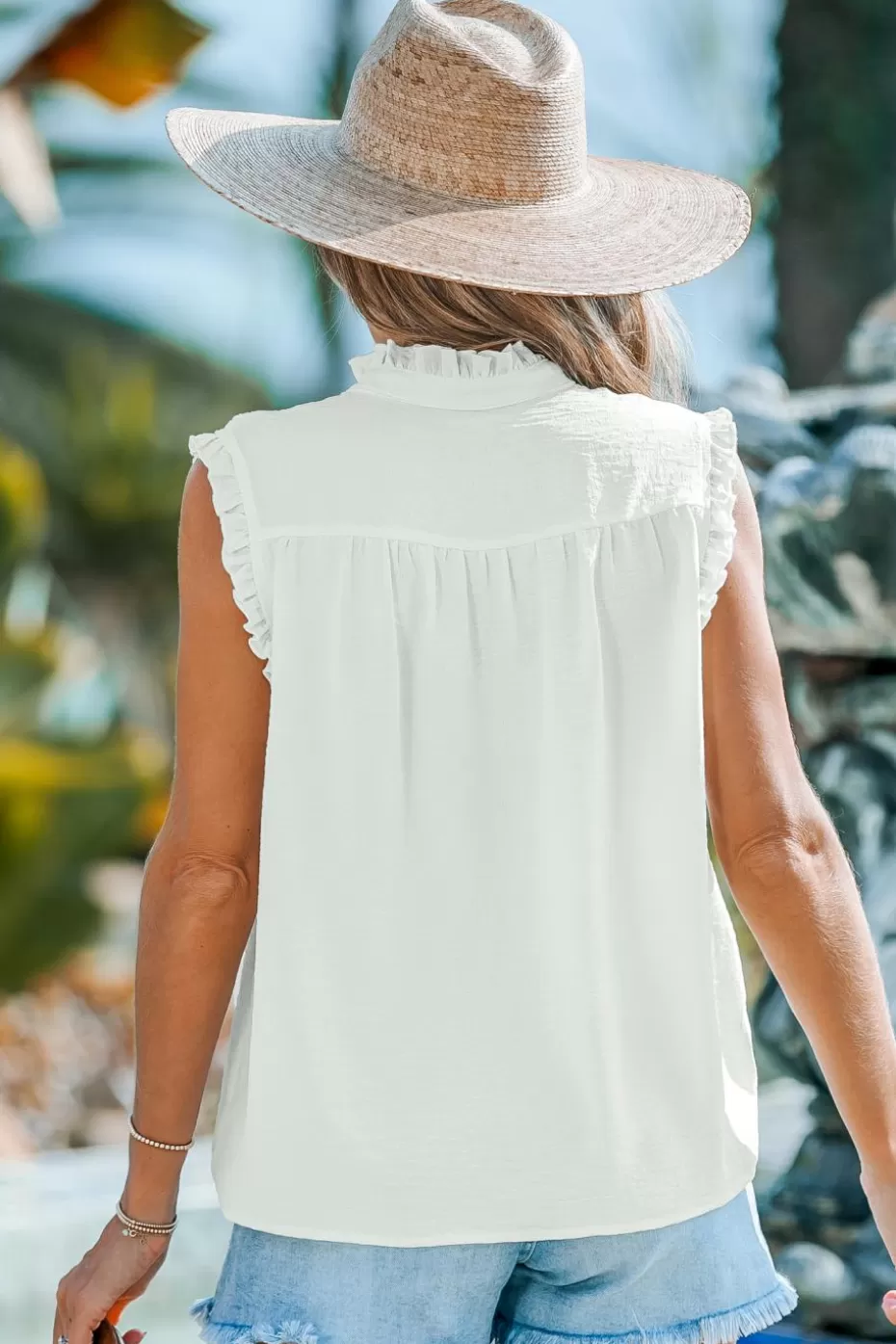 Best Sale Cupshe Cotton Pleated & Smocked Sleeveless Top White