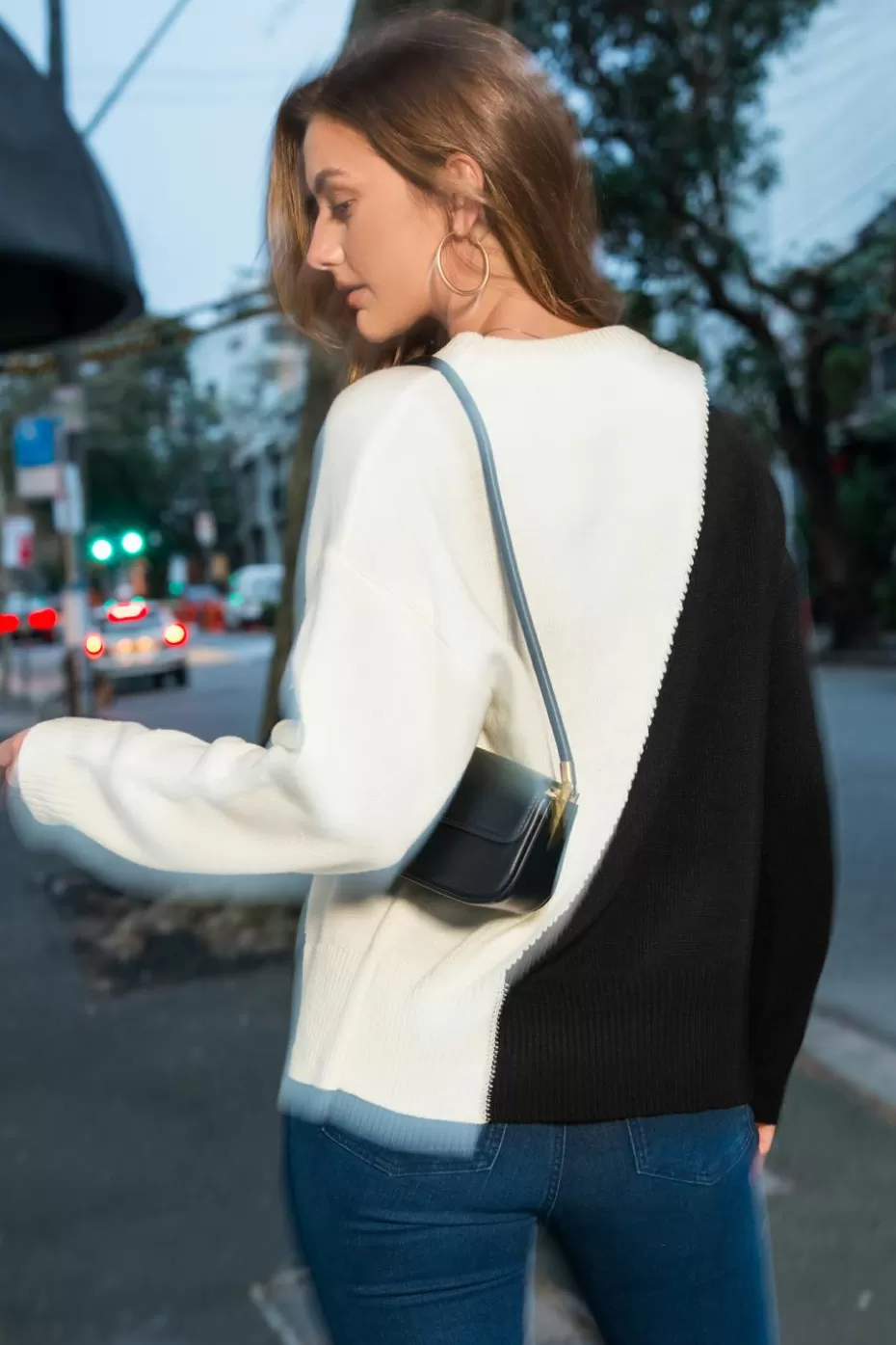 Hot Cupshe Cream & Asymmetrical Colorblock Sweater Black