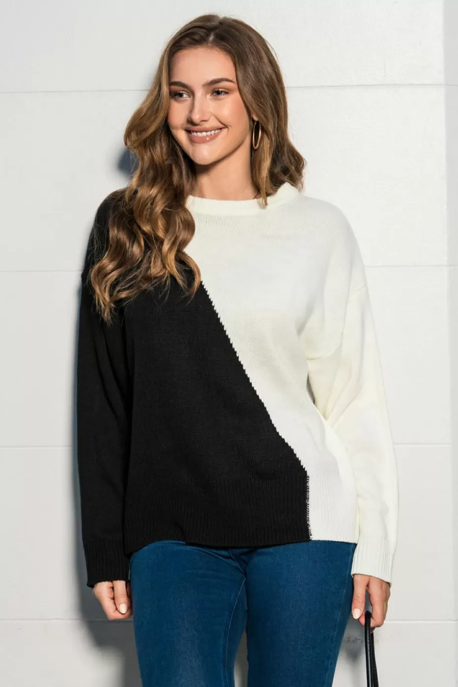 Hot Cupshe Cream & Asymmetrical Colorblock Sweater Black