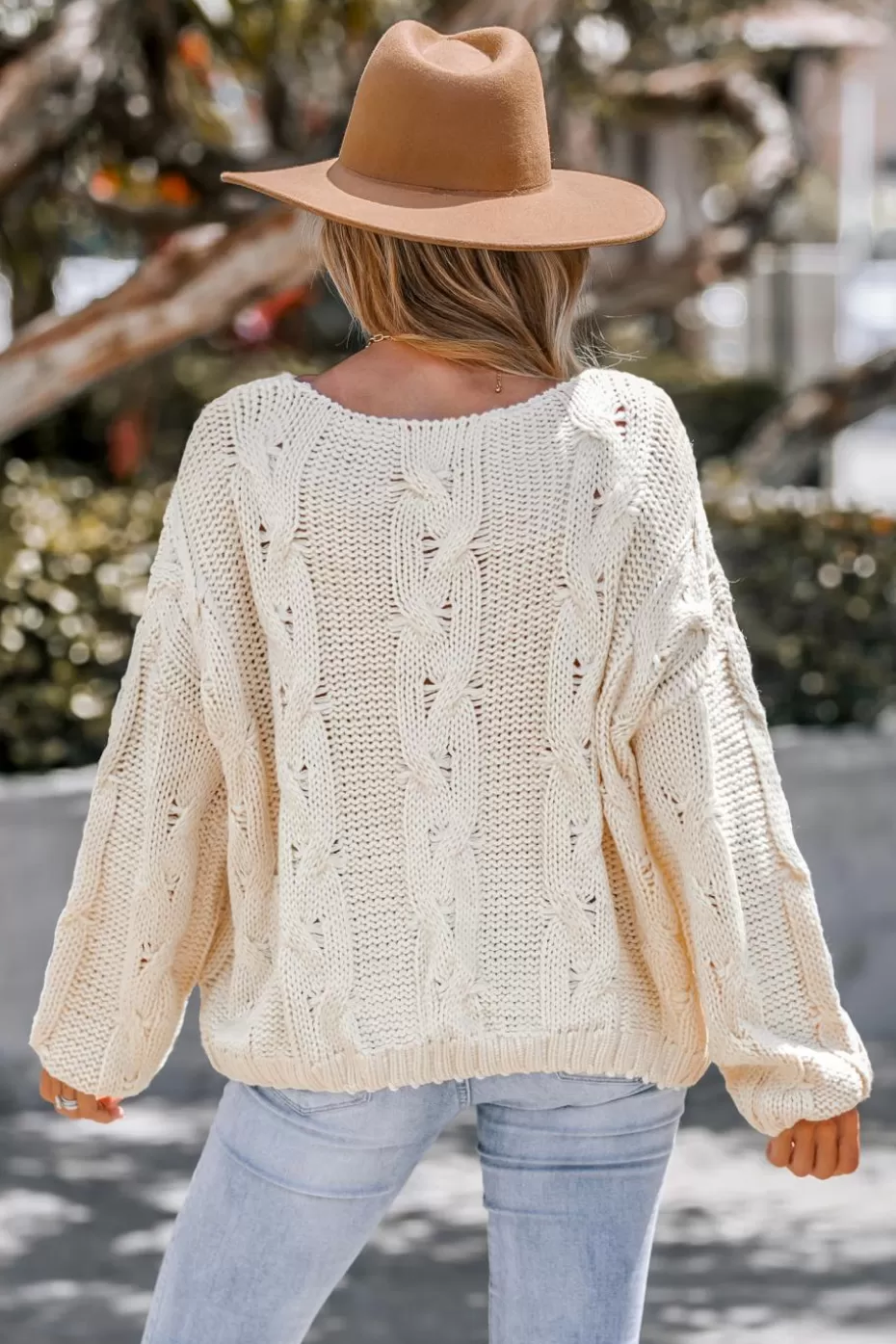 Online Cupshe Cream Cable Knit Drop Sleeve Sweater Off White/Ivory