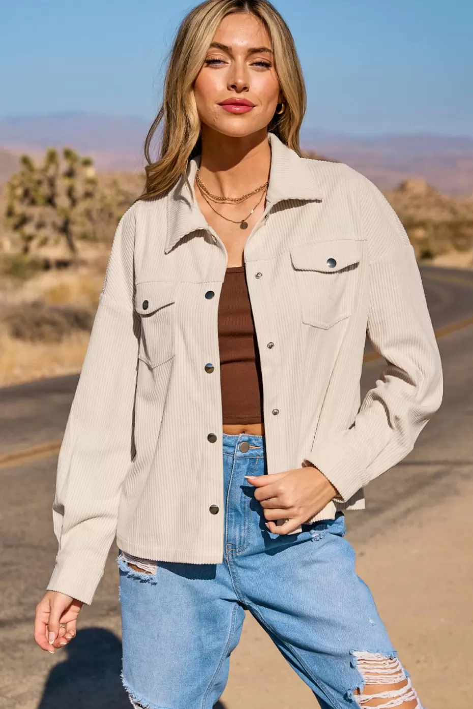 Sale Cupshe Cream Corduroy Collared Long Sleeve Button Up Jacket Apricot
