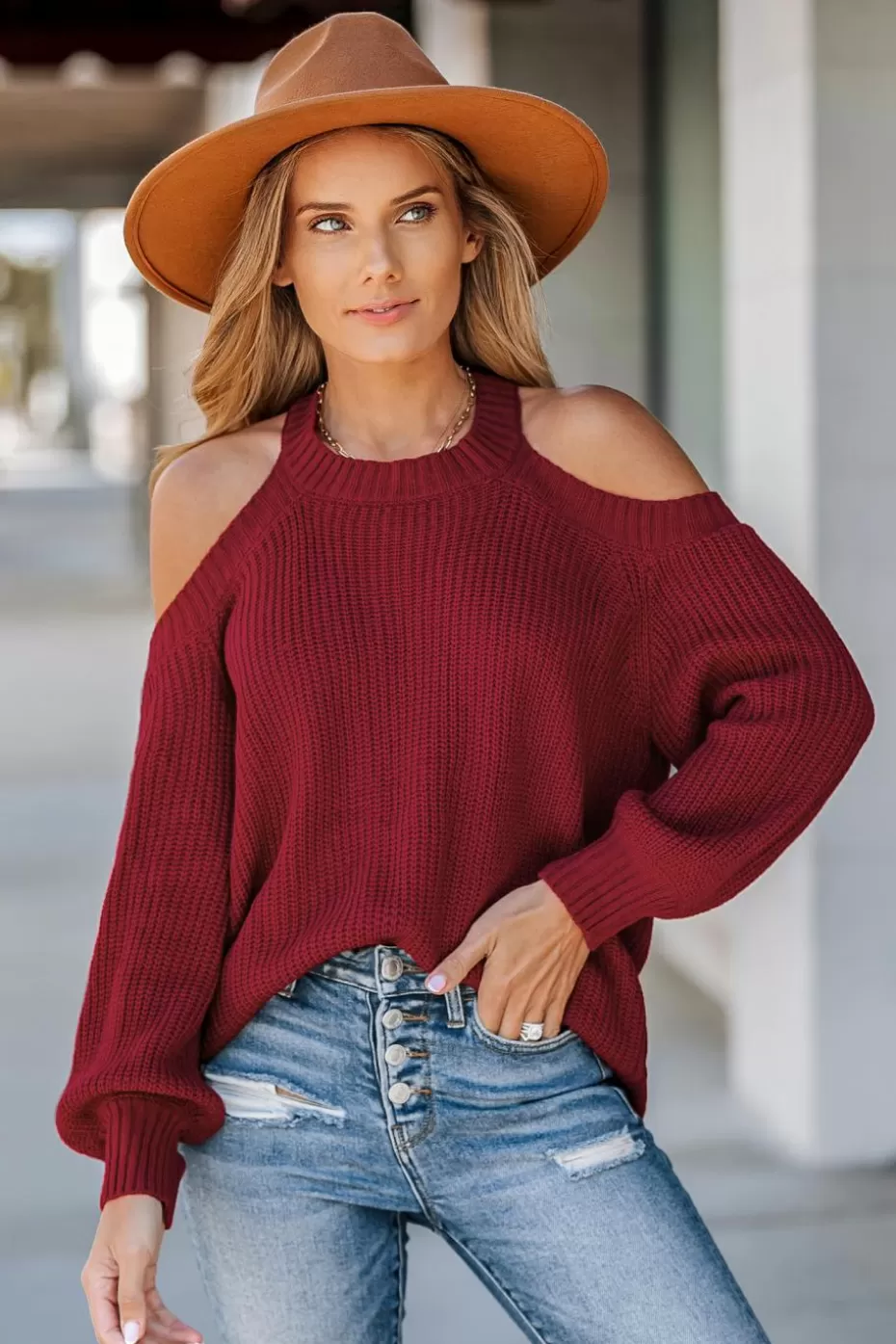 Fashion Cupshe Crimson Open-Shoulder Sweater Red