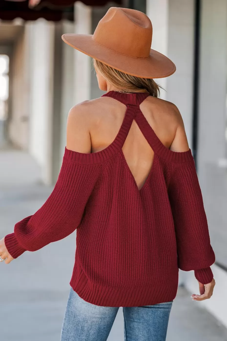 Fashion Cupshe Crimson Open-Shoulder Sweater Red