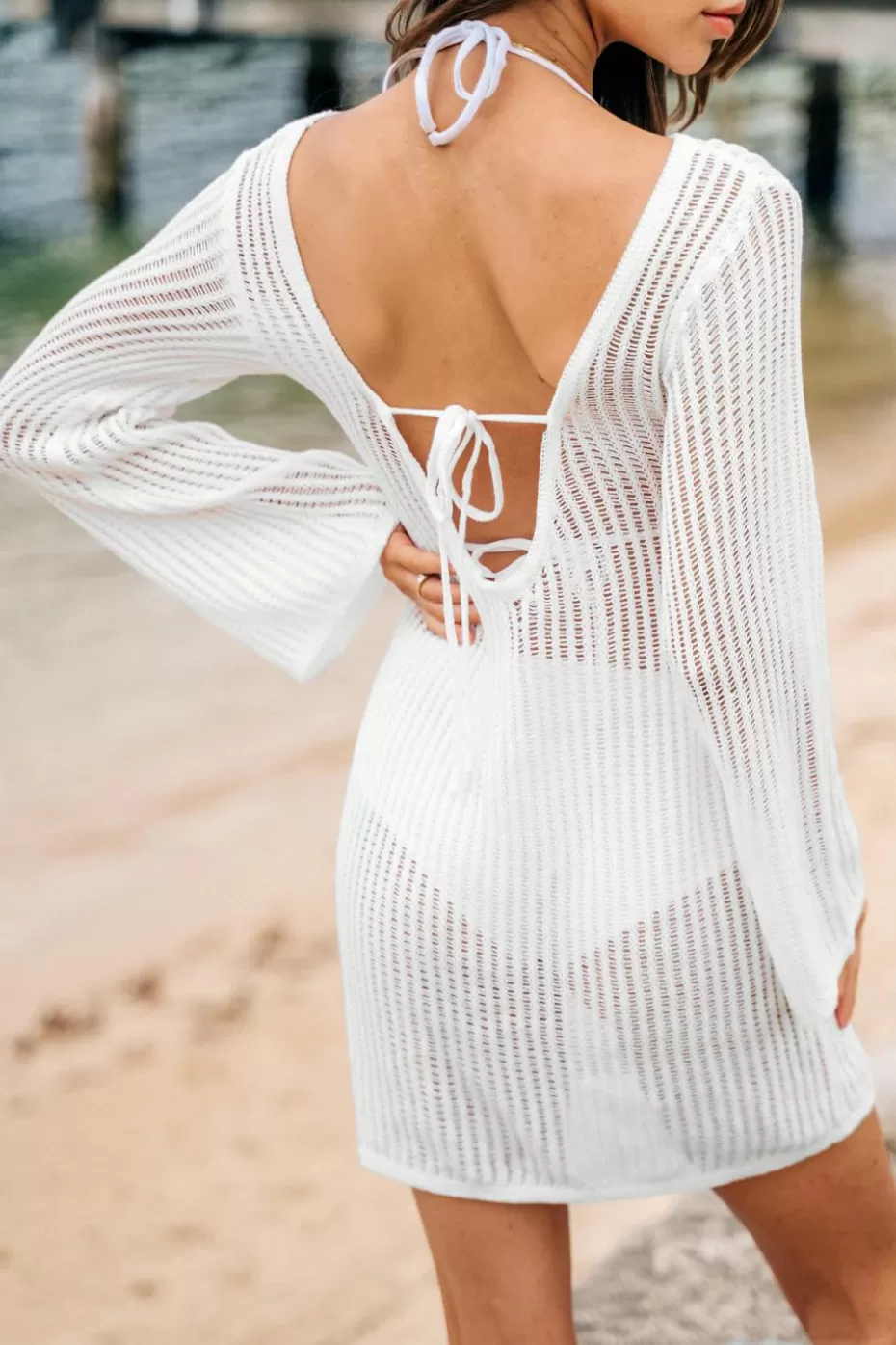 Hot Cupshe Crochet & Flared Sleeve Cover-Up White