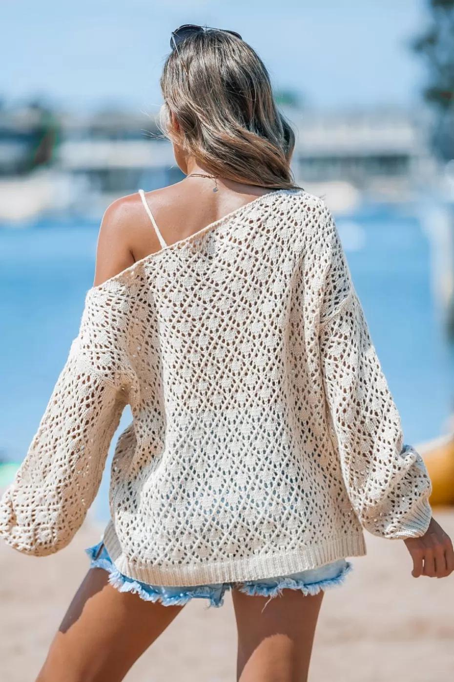 Outlet Cupshe Crochet Asymmetrical Neck Sweater Apricot