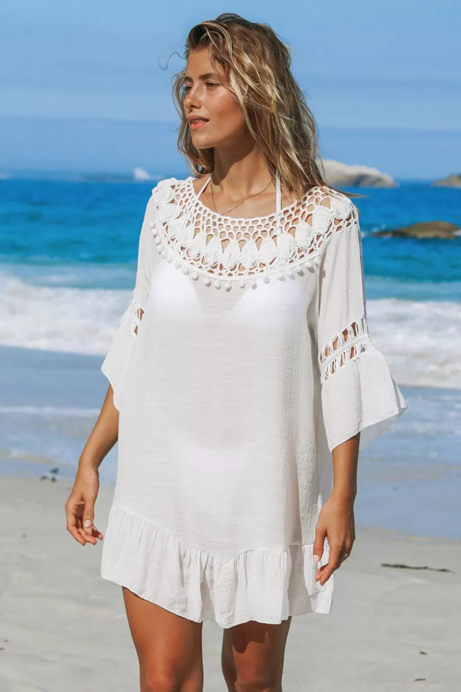 Clearance Cupshe Crochet Ruffled Cover-Up Dress White