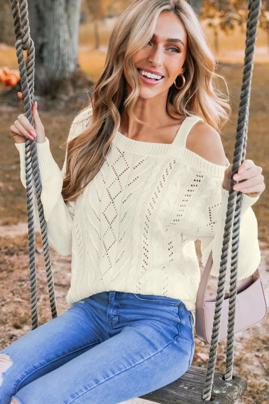 Flash Sale Cupshe Cutout Cable Knit One-Shoulder Sweater White