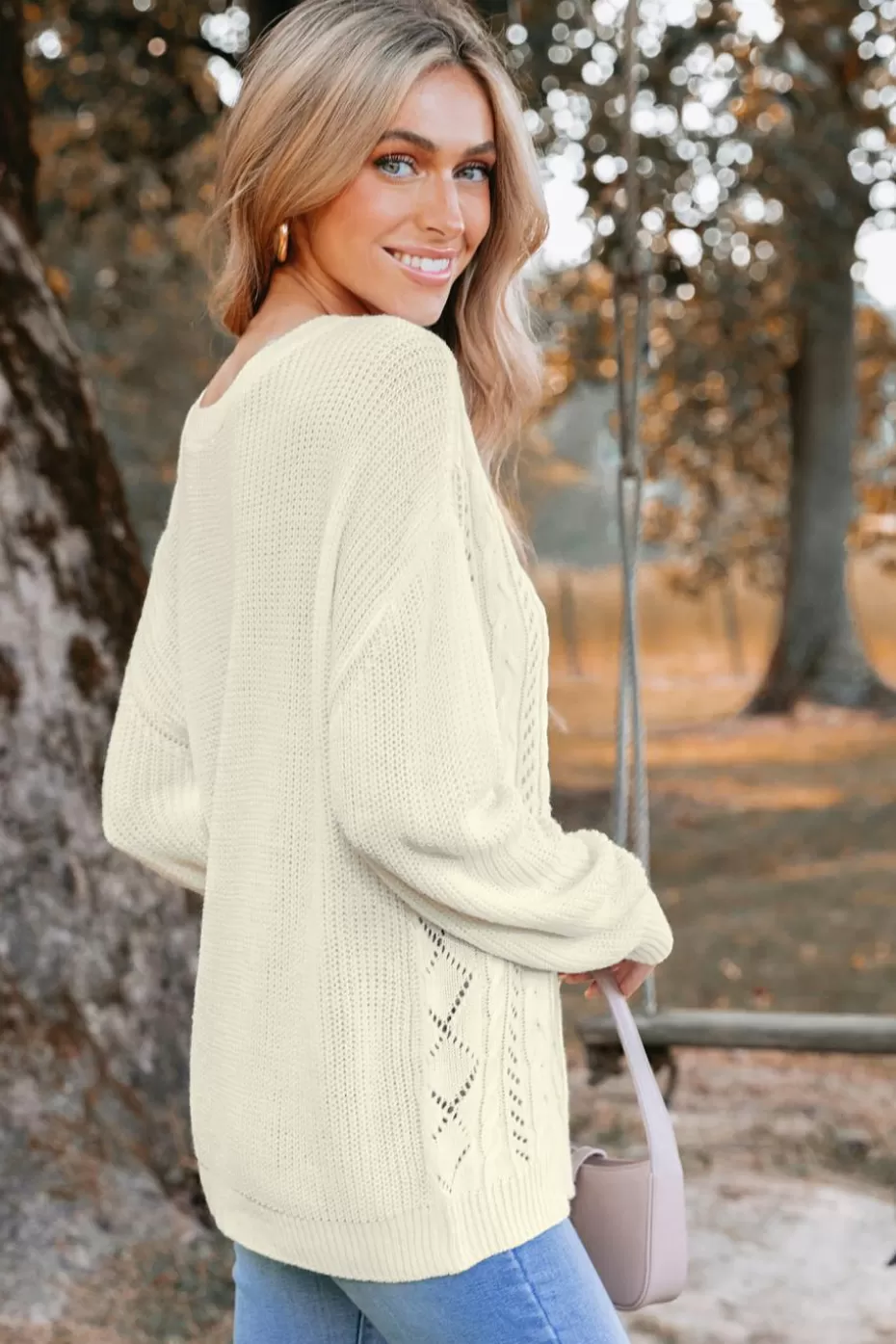 Flash Sale Cupshe Cutout Cable Knit One-Shoulder Sweater White