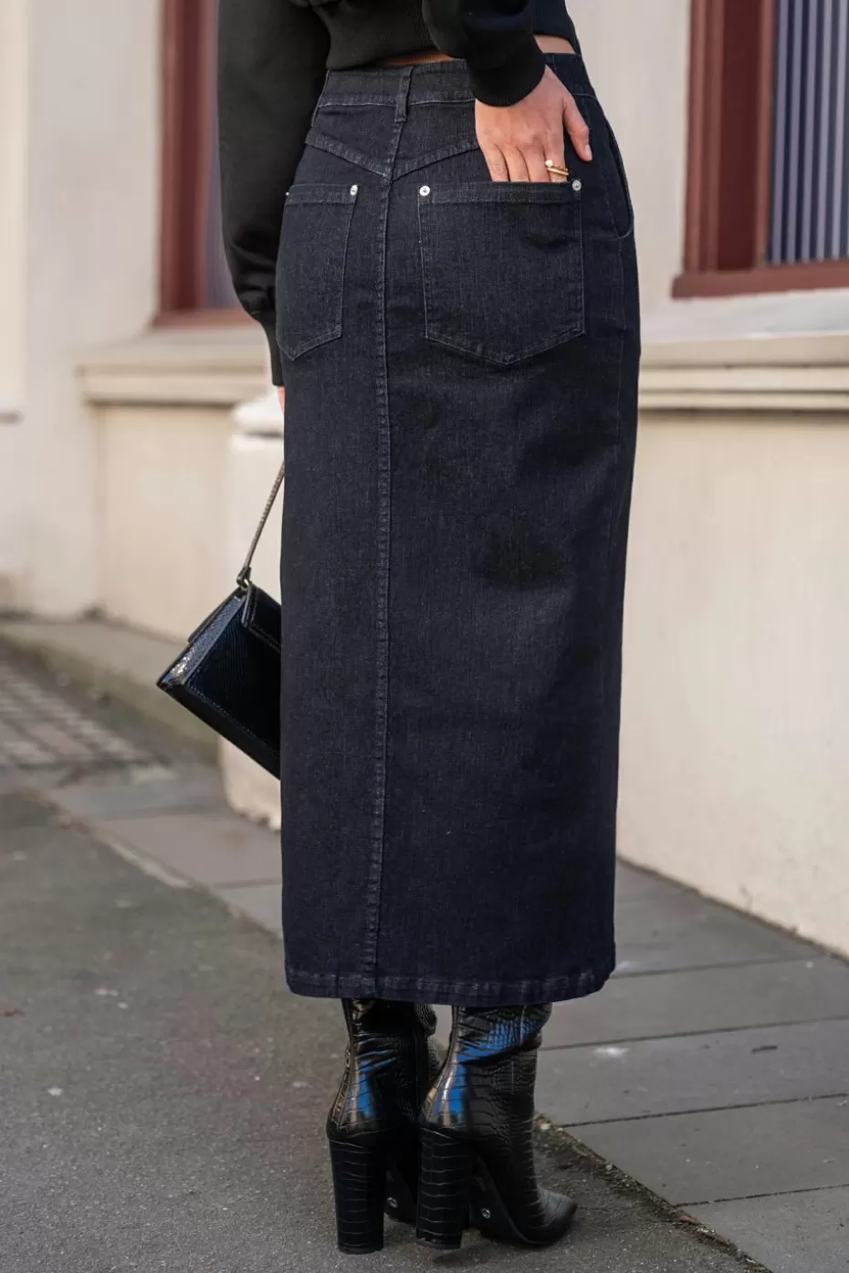 Sale Cupshe Dark Denim Split Hem Maxi Skirt Dark Navy