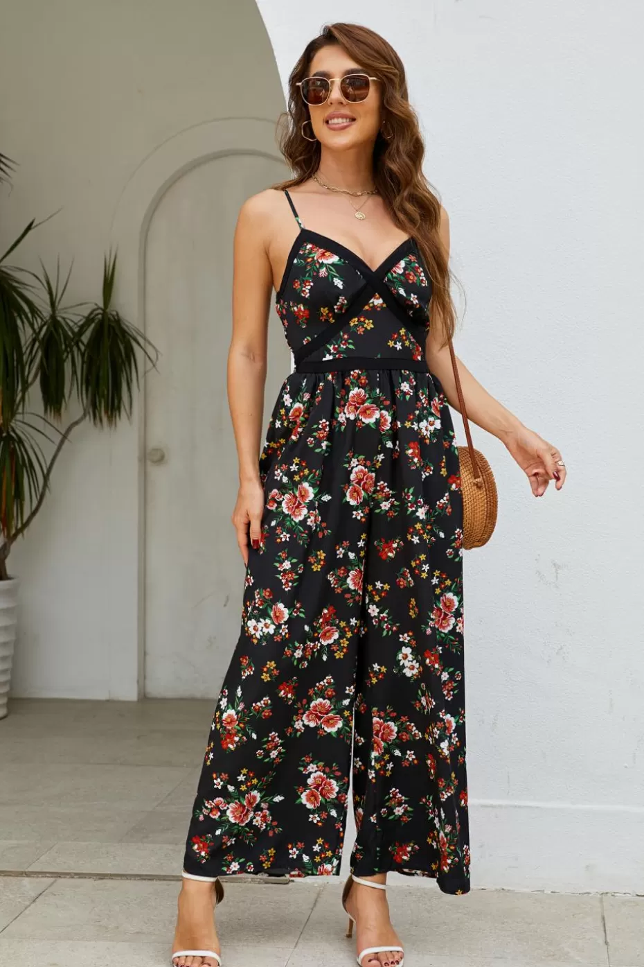 Store Cupshe Dark Floral Sleeveless V-Neck Wide Leg Jumpsuit Black