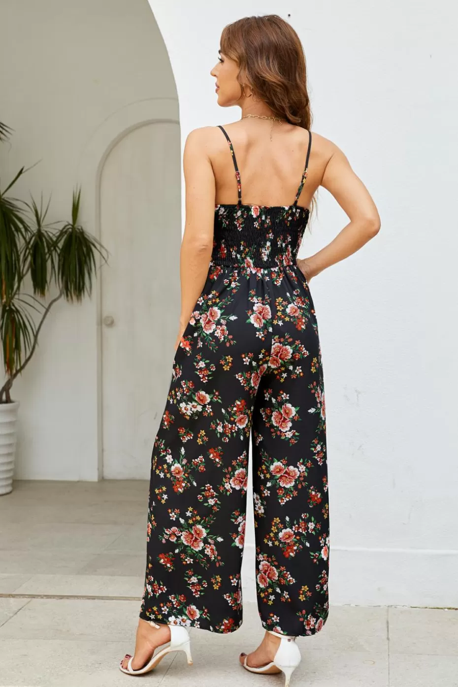 Store Cupshe Dark Floral Sleeveless V-Neck Wide Leg Jumpsuit Black