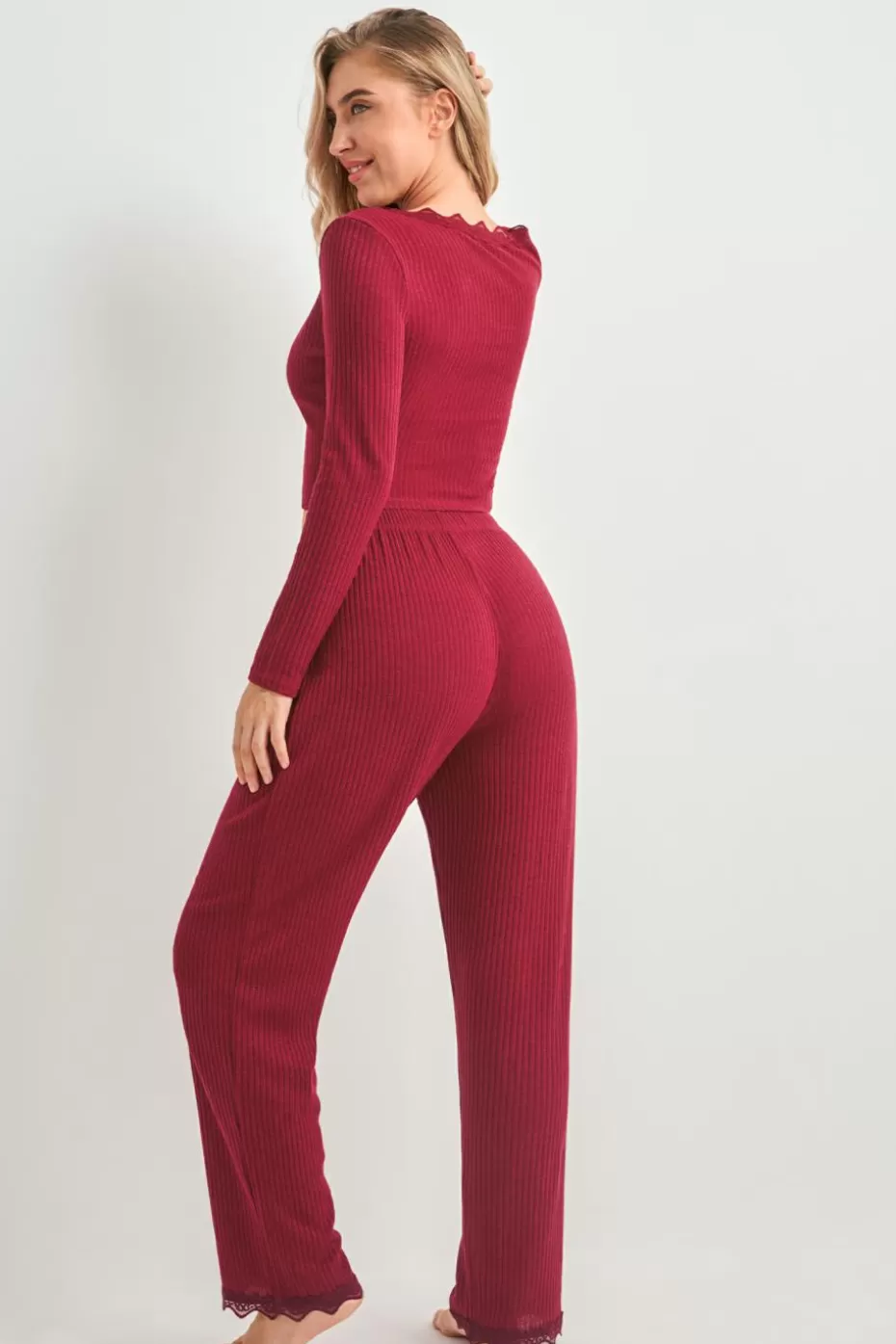 Discount Cupshe Deep Long Sleeve Top & Pants Pajama Set Red
