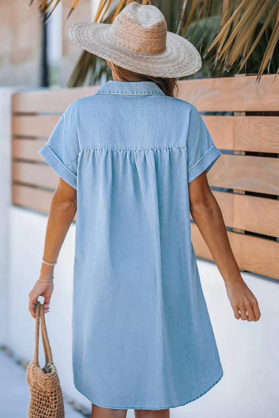 Outlet Cupshe Denim Collared Short Sleeve Front Button Mini Shirt Dress Blue