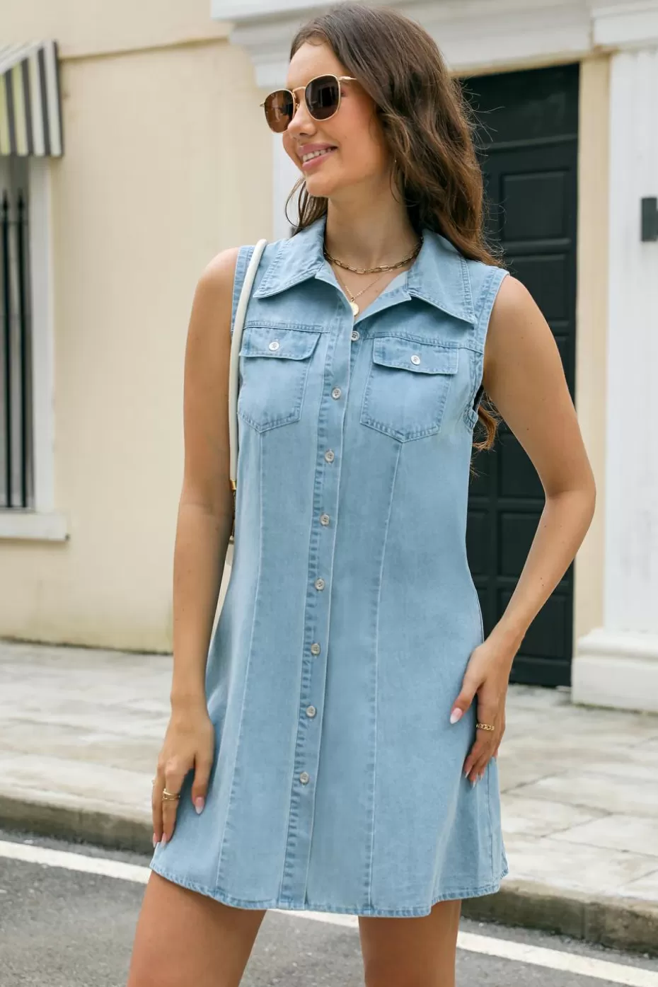 Flash Sale Cupshe Denim Collared Sleeveless Button Up Mini Shirt Dress Blue