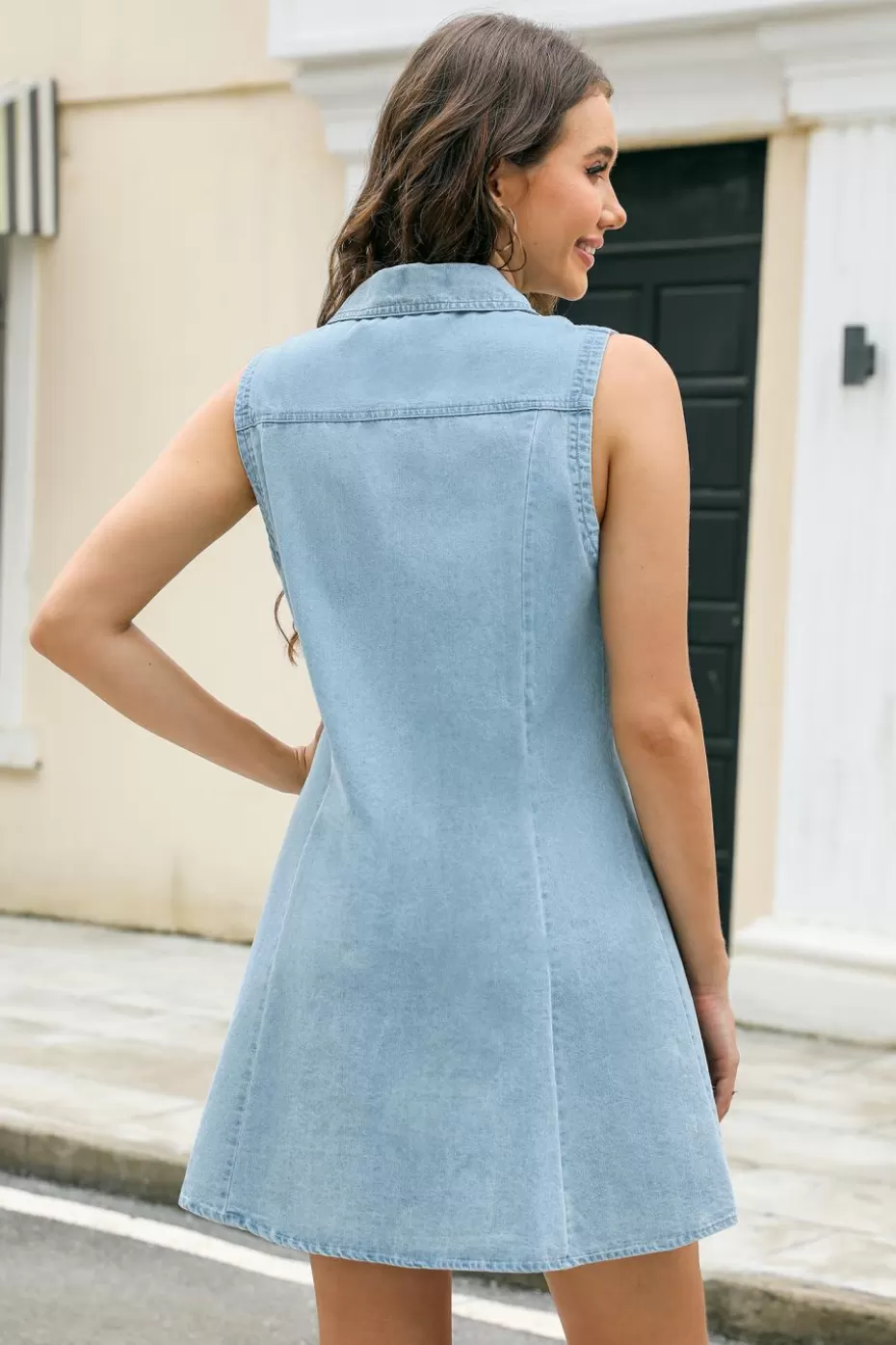 Flash Sale Cupshe Denim Collared Sleeveless Button Up Mini Shirt Dress Blue