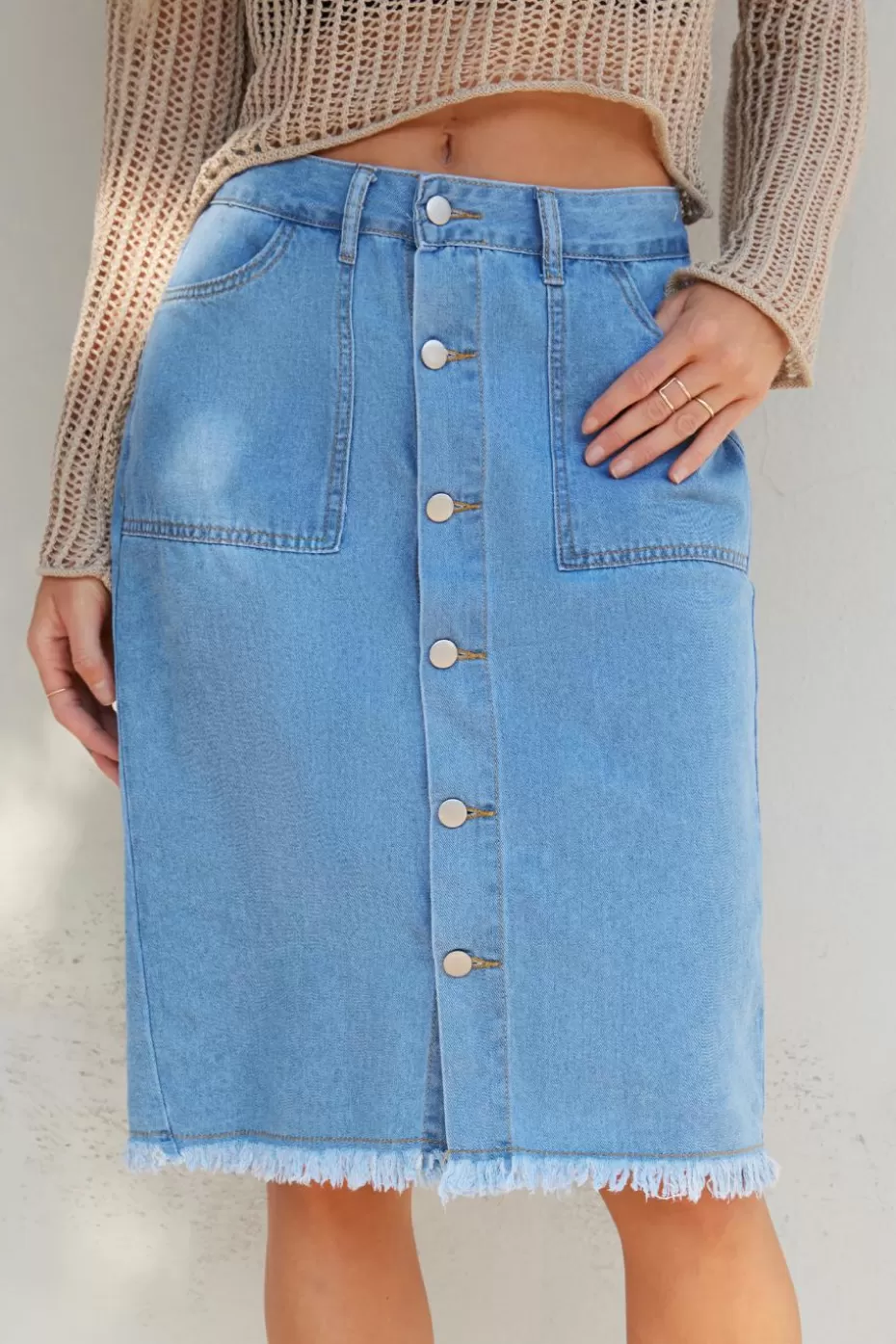 Sale Cupshe Denim Front Button Frayed Midi Skirt Blue