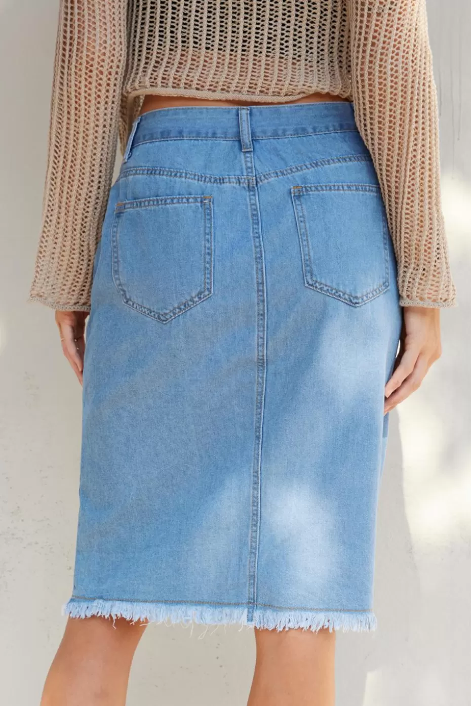 Sale Cupshe Denim Front Button Frayed Midi Skirt Blue