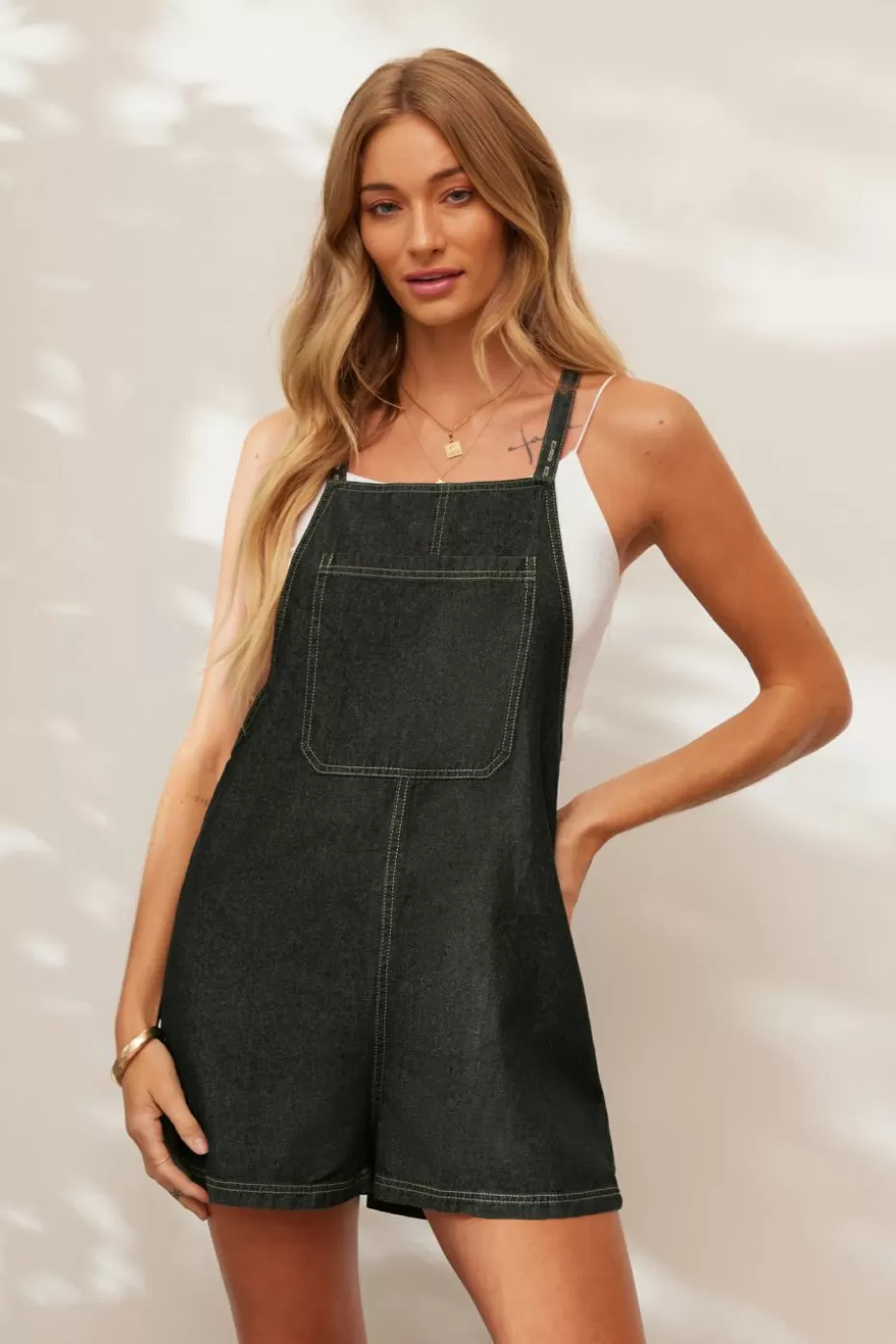 Online Cupshe Denim Square Neck Pocket Romper Black