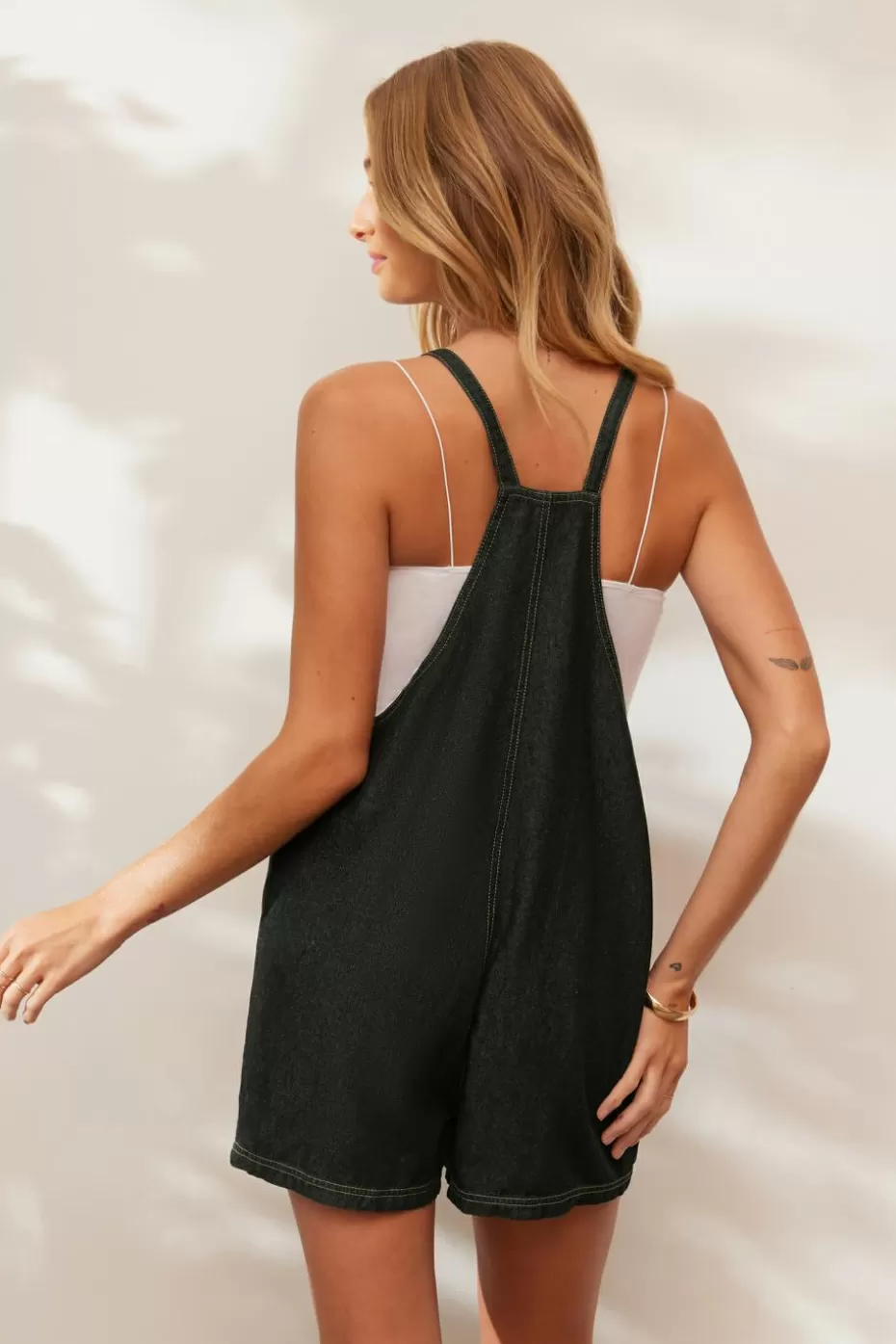 Online Cupshe Denim Square Neck Pocket Romper Black