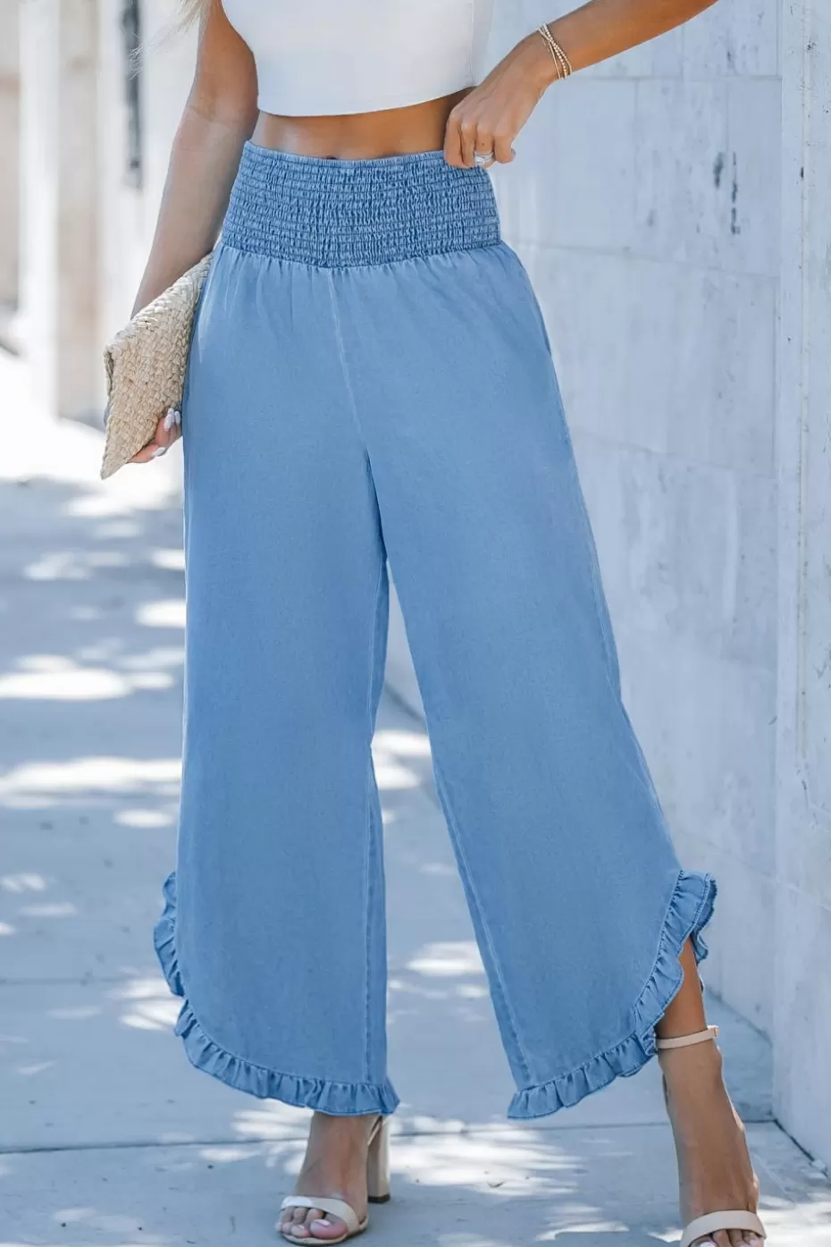 Hot Cupshe Denim Straight Leg Ruffle Cuff Pants Light Blue