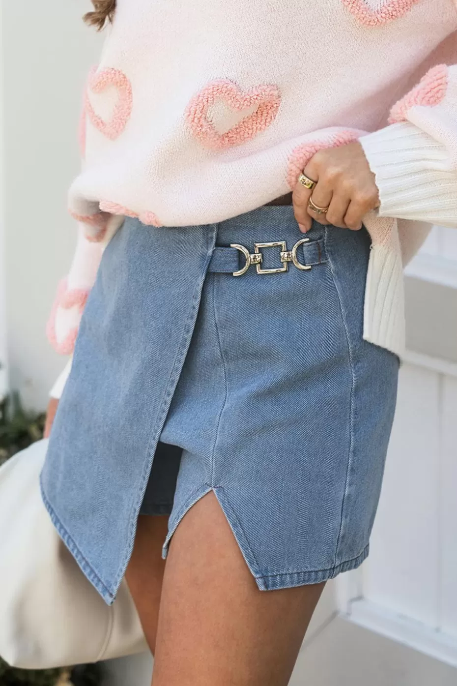 Store Cupshe Denim Wrap Hardware Notched Hem Mini Skort Blue